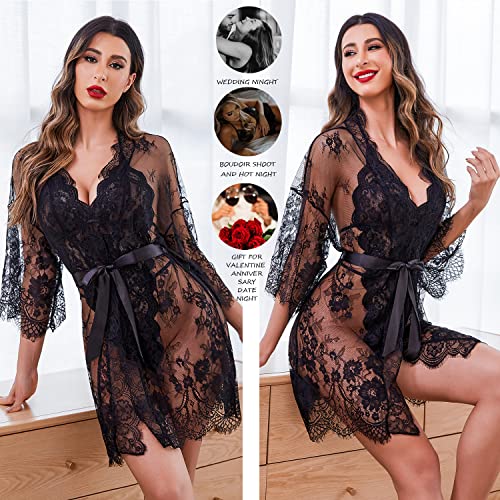Avidlove lingerie robe Women's Lace Kimono Robe Set Babydoll Teddy Deep V Lace Bodysuit - Image 3