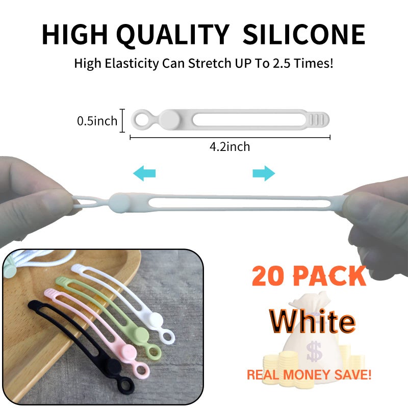 UMUST [20Park]UMUST Silicone Cable Ties, Reusable Cable Management Organizer,Cable Straps,Cord Ties,Multipurpose Elastic Cord Organizer for Bundling and Fastening Cable Cords Wires(white) - Image 3