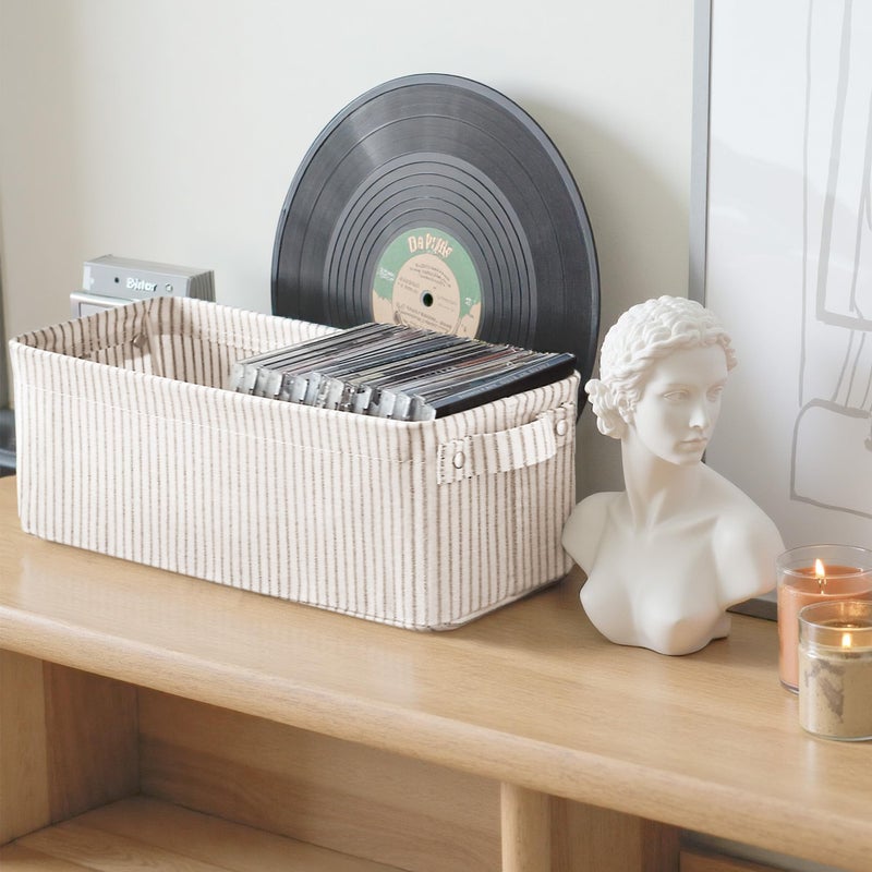 StorageWorks Narrow Storage Bins, Small Basket for Closet and Shelves, Fabric Organizer with Handles, Toilet Paper Storage, Khaki and Beige Stripes, 2-Pack - Image 4