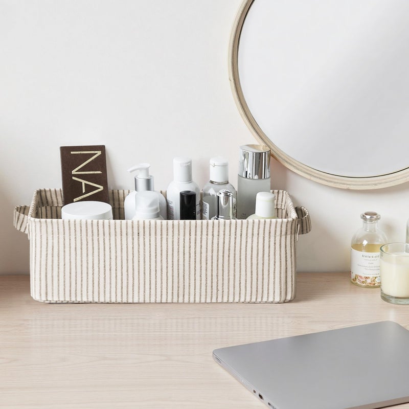 StorageWorks Narrow Storage Bins, Small Basket for Closet and Shelves, Fabric Organizer with Handles, Toilet Paper Storage, Khaki and Beige Stripes, 2-Pack - Image 3