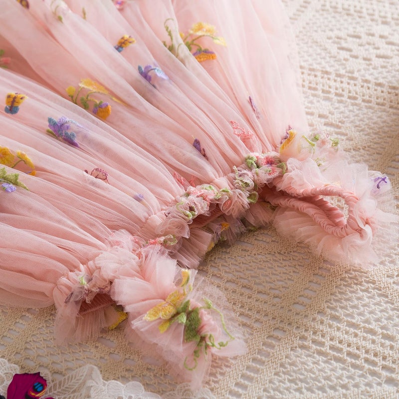 Nileafes Baby Girl Casual Tutu Dress Strap Tulle Flower Butterflies Embroidery Princess Dresses Size 90 (1-2 Years, 107-Pink) - Image 3