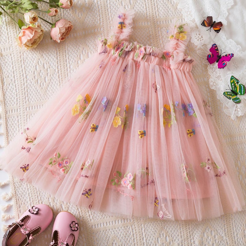 Nileafes Baby Girl Casual Tutu Dress Strap Tulle Flower Butterflies Embroidery Princess Dresses Size 90 (1-2 Years, 107-Pink) - Image 2