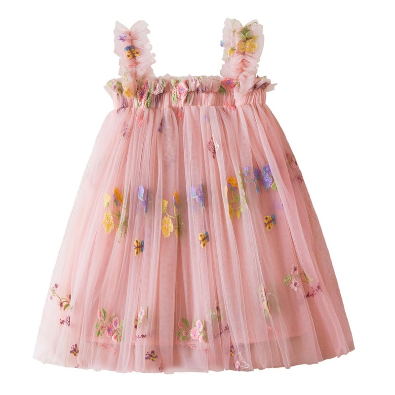 Nileafes Baby Girl Casual Tutu Dress Strap Tulle Flower Butterflies Embroidery Princess Dresses Size 90 (1-2 Years, 107-Pink) - Image 1