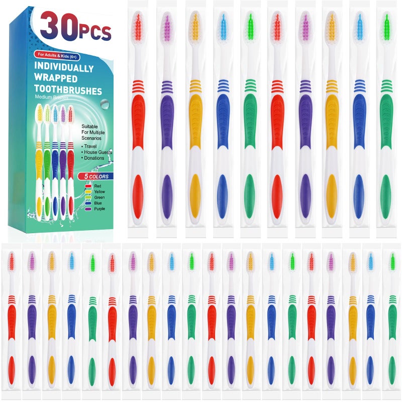 Navona 30 PCS Premium Individually Wrapped Bulk Toothbrush Pack Disposable Toothbrushes Kids Toothbrush Medium Soft Bristle Toothbrushes Ergonomics Handle Perfect for Travel Hotel Donation