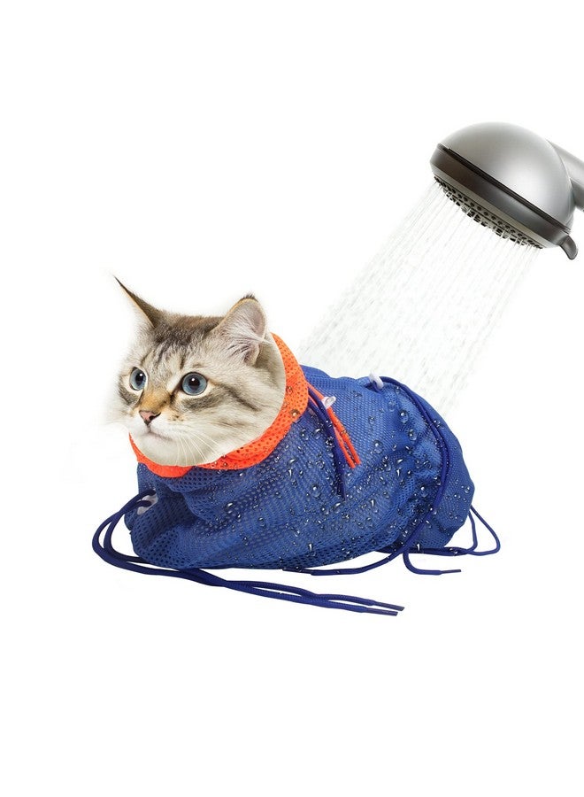 Catcan Cat Bathing Bag, Breathable Mesh Anti Scratch Adjustable Cat Grooming Bag For Nail Trimming, Bathing Polyester Soft Cat Washing Bag (BlueOrange) - Image 1