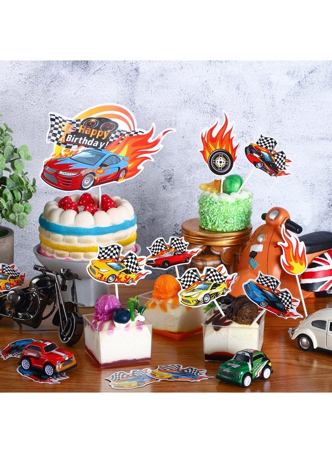Teling 55 Pcs Race Car Cupcake Toppers Hot Happy Birthday Cake Wheels Toppers Checkered Flag Fire Car Theme Party Decoration for Boy Girl DIY Decorations - Image 3