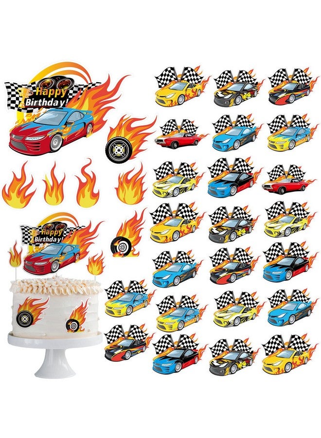 Teling 55 Pcs Race Car Cupcake Toppers Hot Happy Birthday Cake Wheels Toppers Checkered Flag Fire Car Theme Party Decoration for Boy Girl DIY Decorations - Image 1