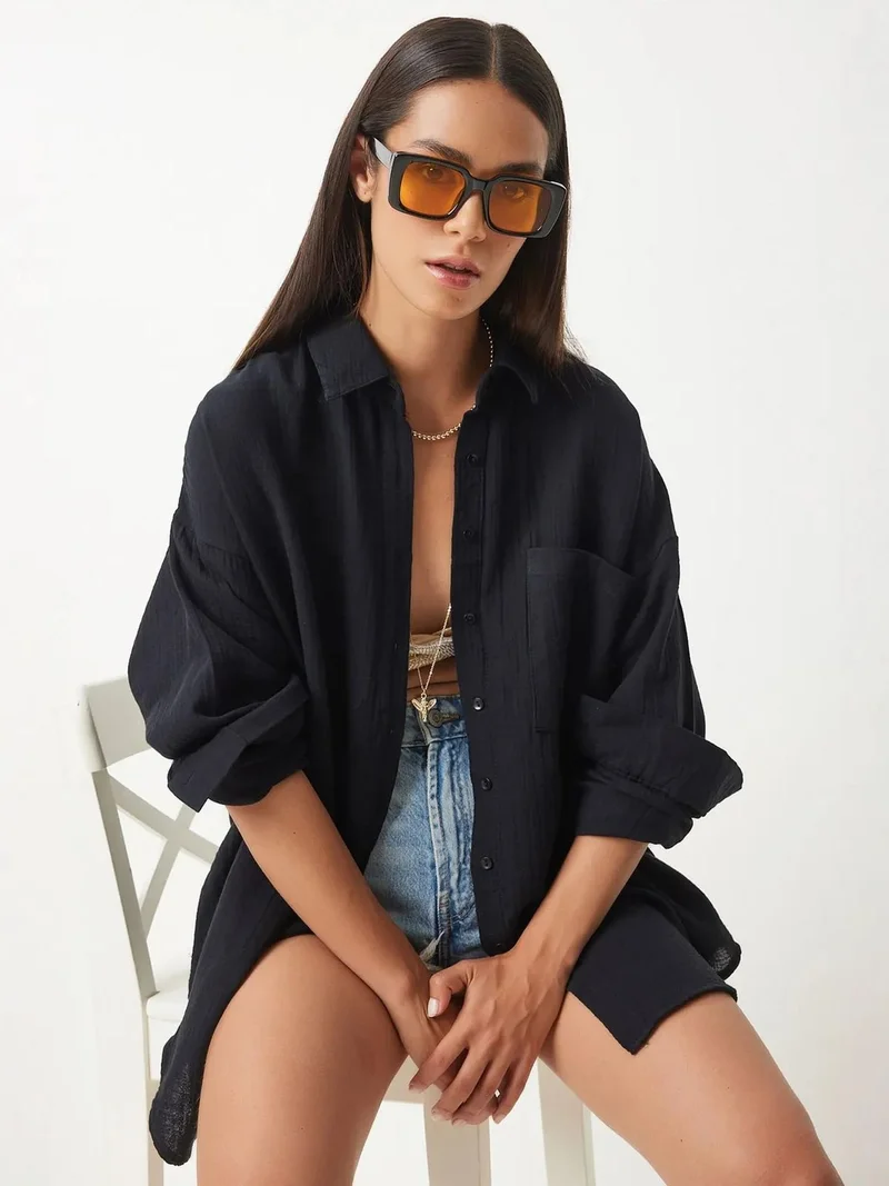السعادة في إسطنبول ISTANBUL Oversized Textured Cotton Shirt with Pocket