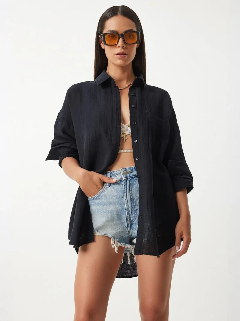 السعادة في إسطنبول ISTANBUL Oversized Textured Cotton Shirt with Pocket