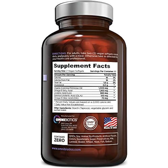OmniBiotics Organic Evening Primrose Oil for Women – Clinical Strength 1500mg per Capsule, 10% GLA, Cold-Pressed, Non-GMO, Hormone Balance for Women – 120 Vegan Softgel Capsules - Image 2