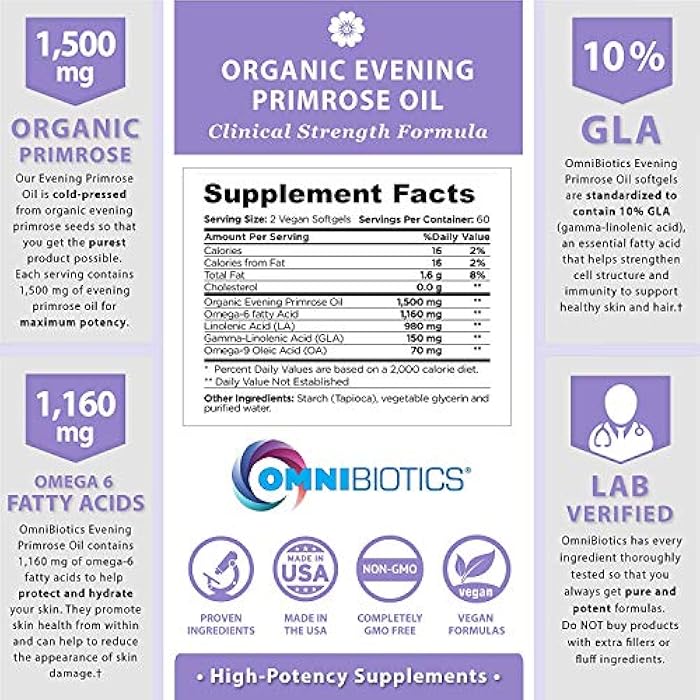 OmniBiotics Organic Evening Primrose Oil for Women – Clinical Strength 1500mg per Capsule, 10% GLA, Cold-Pressed, Non-GMO, Hormone Balance for Women – 120 Vegan Softgel Capsules - Image 3