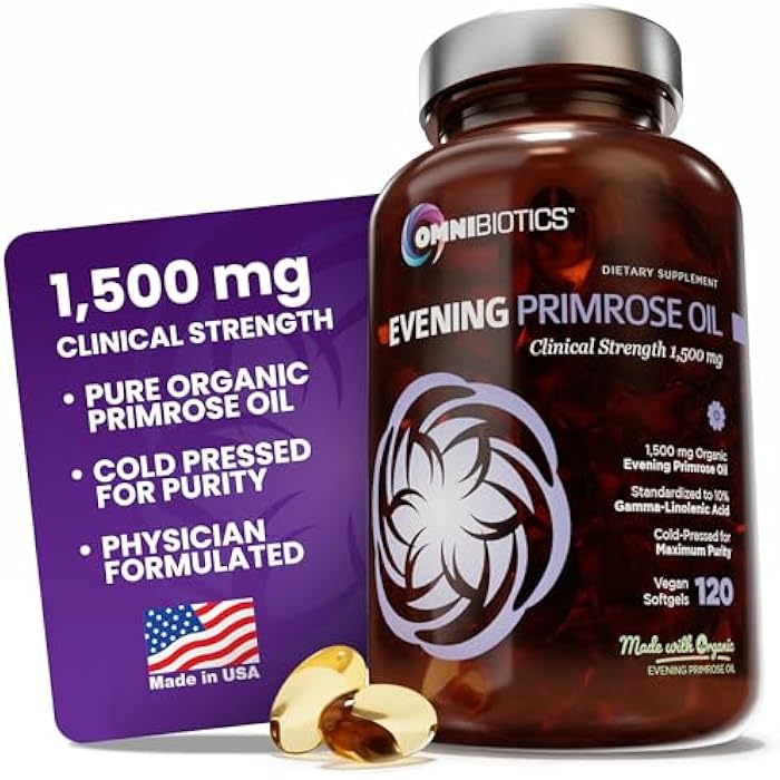 OmniBiotics Organic Evening Primrose Oil for Women – Clinical Strength 1500mg per Capsule, 10% GLA, Cold-Pressed, Non-GMO, Hormone Balance for Women – 120 Vegan Softgel Capsules - Image 1