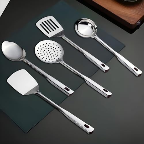 Parage Premium Stainless Steel Kitchen Tool Set for Cooking, Set of 5, Silver (Contains: 1 Ladle, 1 Skimmer,1 Turner, 1 Spatula, 1 Slotted Turner) (Design 2) - Image 1