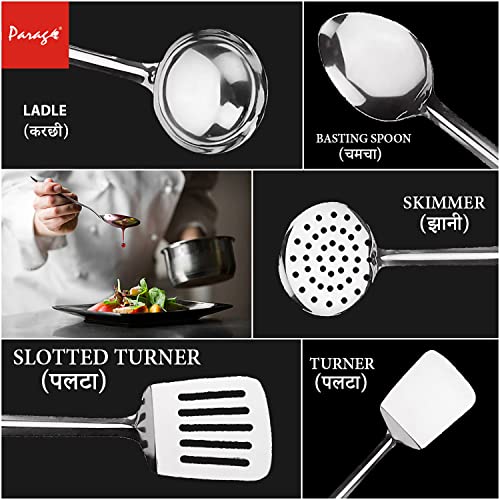 Parage Premium Stainless Steel Kitchen Tool Set for Cooking, Set of 5, Silver (Contains: 1 Ladle, 1 Skimmer,1 Turner, 1 Spatula, 1 Slotted Turner) (Design 2) - Image 2