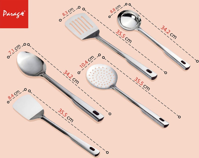 Parage Premium Stainless Steel Kitchen Tool Set for Cooking, Set of 5, Silver (Contains: 1 Ladle, 1 Skimmer,1 Turner, 1 Spatula, 1 Slotted Turner) (Design 2) - Image 3