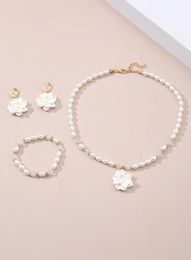 Girls White Flower Charm Pearl Necklace, Bracelet and Earrings Set