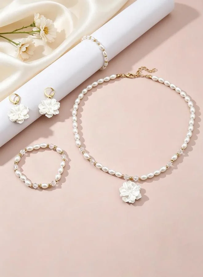 Take Two  Girls White Flower Charm Pearl Necklace, Bracelet and Earrings Set for Women | Best Price UAE