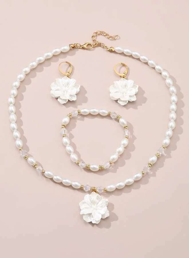 Take Two  Girls White Flower Charm Pearl Necklace, Bracelet and Earrings Set for Women | Best Price UAE