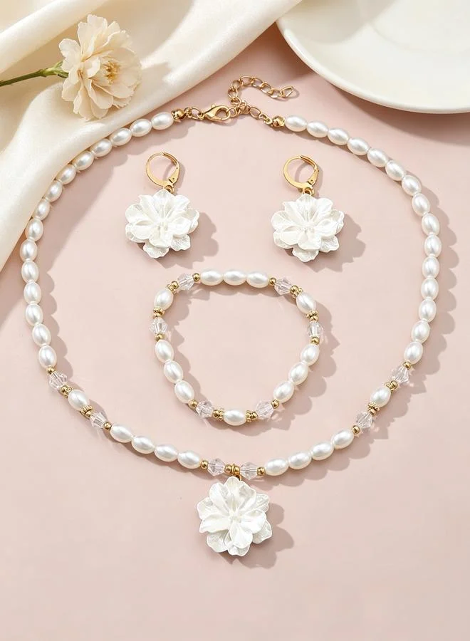 Take Two  Girls White Flower Charm Pearl Necklace, Bracelet and Earrings Set for Women | Best Price UAE