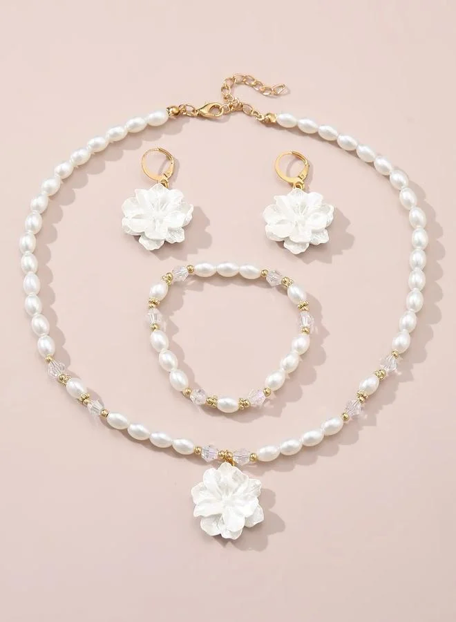 Take Two  Girls White Flower Charm Pearl Necklace, Bracelet and Earrings Set for Women | Best Price UAE