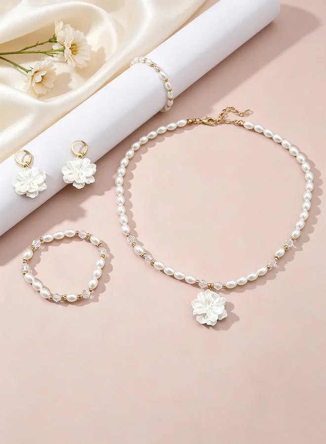 Take Two  Girls White Flower Charm Pearl Necklace, Bracelet and Earrings Set for Women | Best Price UAE