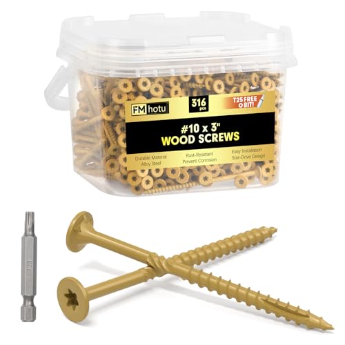 FMhotu #10 x 3” Deck Screws, 316Pcs Star Drive Wood Screws, Rust Resistant Timber Screws for Timber/Log/Landscaping Wood, T25 Star Bit Included, Yellow - Image 1