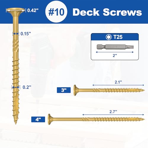 FMhotu #10 x 3” Deck Screws, 316Pcs Star Drive Wood Screws, Rust Resistant Timber Screws for Timber/Log/Landscaping Wood, T25 Star Bit Included, Yellow - Image 2