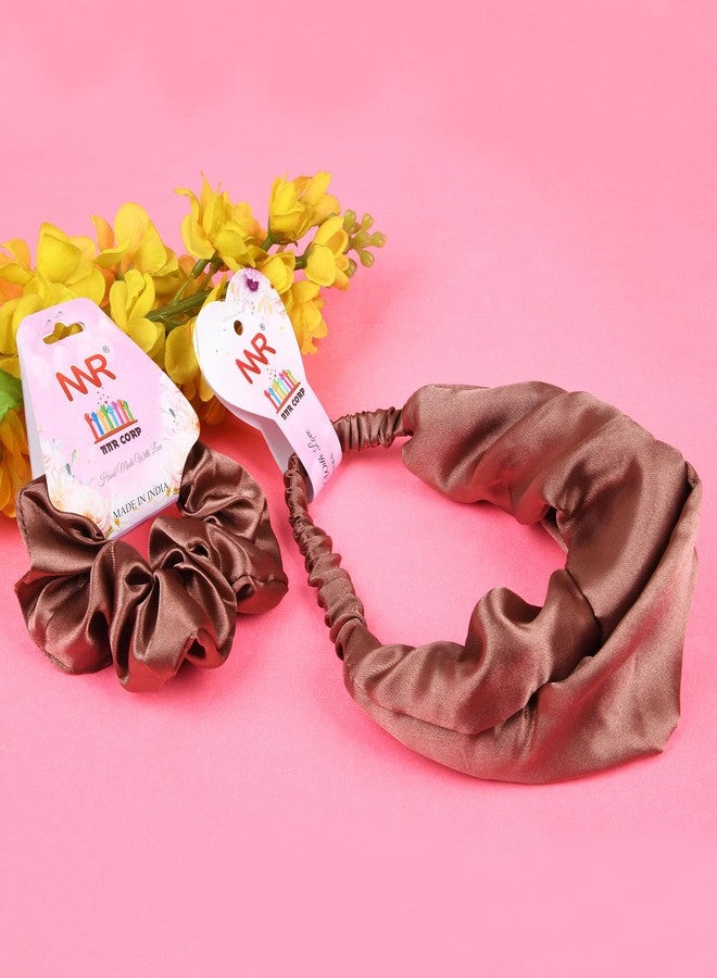 Nnr Satin Silk Cross Head Bands For Women, Hair Scrunchies For Girls- Pack Of 2 Pcs - Brown - Image 3