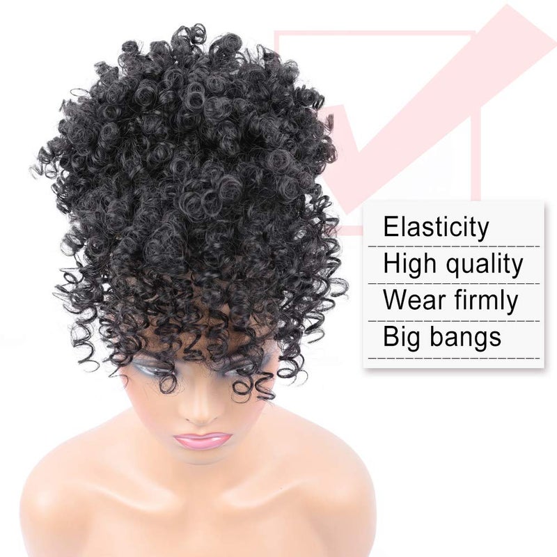 ENTRANCED STYLES Drawstring Ponytail with Bangs Afro Puff Ponytail Extensions for Women Short Curly Puff Ponytail with Bangs Clip in Wrap Updo Hairpiece for Women(1B) - Image 2