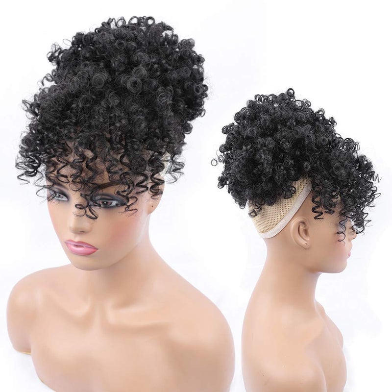 ENTRANCED STYLES Drawstring Ponytail with Bangs Afro Puff Ponytail Extensions for Women Short Curly Puff Ponytail with Bangs Clip in Wrap Updo Hairpiece for Women(1B) - Image 4