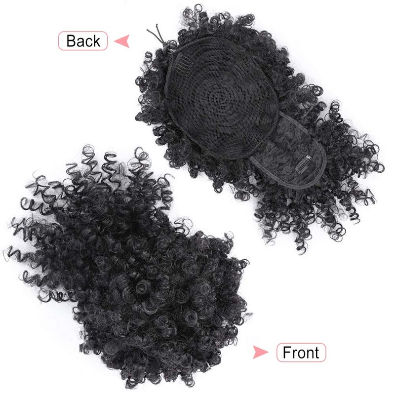 ENTRANCED STYLES Drawstring Ponytail with Bangs Afro Puff Ponytail Extensions for Women Short Curly Puff Ponytail with Bangs Clip in Wrap Updo Hairpiece for Women(1B) - Image 3