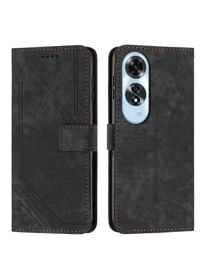 Green Tiger For OPPO A60 4G Skin Feel Stripe Pattern Leather Phone Case with Lanyard(Black)