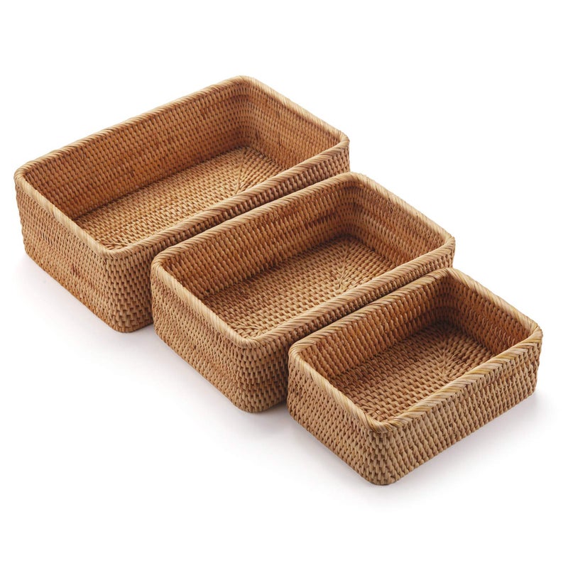 DECRAFTS Natural Rattan Fruit Storage Baskets Rectangular Woven Wicker Box for Key Holder Remote Stackable Natural Set of 3 - Image 1
