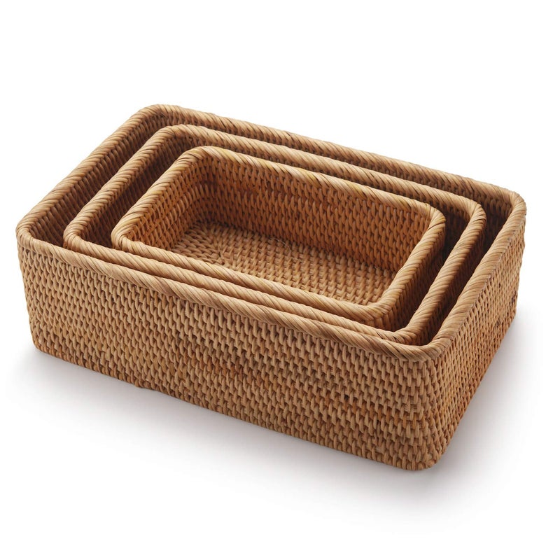 DECRAFTS Natural Rattan Fruit Storage Baskets Rectangular Woven Wicker Box for Key Holder Remote Stackable Natural Set of 3 - Image 2