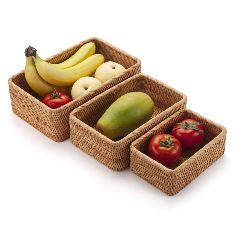 DECRAFTS Natural Rattan Fruit Storage Baskets Rectangular Woven Wicker Box for Key Holder Remote Stackable Natural Set of 3 - Image 3