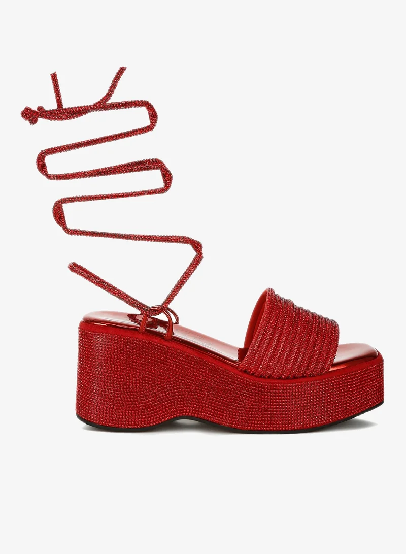 Rhinestone Embellished Lace-Up Sandals in Red