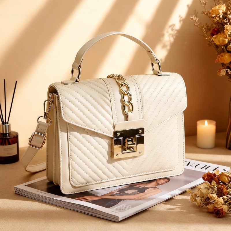 Voikukka Top Handle Bag Quilted Crossbody Bags Trendy Designer Handbags for Women Beige Leather Cross Body Satchel Purses Shoulder Bag Goth Purse Large Leather Tote Bag for Women - Image 3