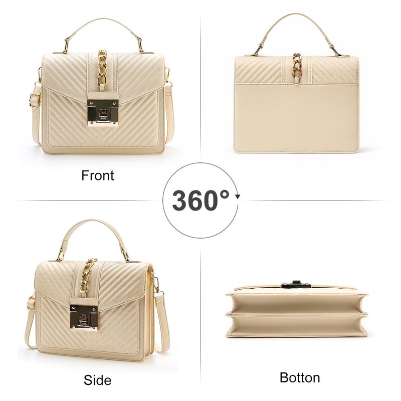 Voikukka Top Handle Bag Quilted Crossbody Bags Trendy Designer Handbags for Women Beige Leather Cross Body Satchel Purses Shoulder Bag Goth Purse Large Leather Tote Bag for Women - Image 5