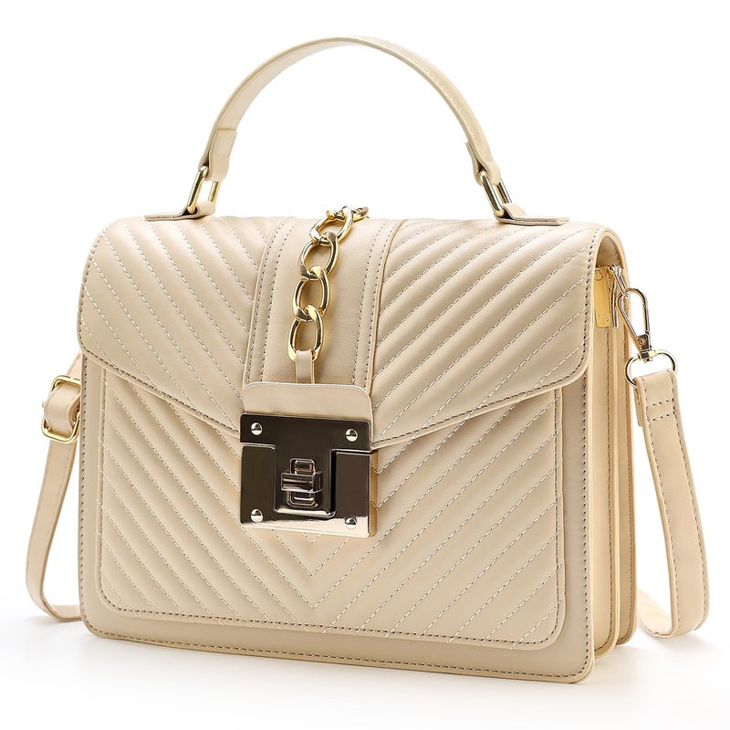 Voikukka Top Handle Bag Quilted Crossbody Bags Trendy Designer Handbags for Women Beige Leather Cross Body Satchel Purses Shoulder Bag Goth Purse Large Leather Tote Bag for Women - Image 1