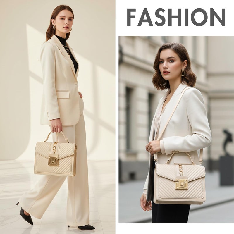 Voikukka Top Handle Bag Quilted Crossbody Bags Trendy Designer Handbags for Women Beige Leather Cross Body Satchel Purses Shoulder Bag Goth Purse Large Leather Tote Bag for Women - Image 4