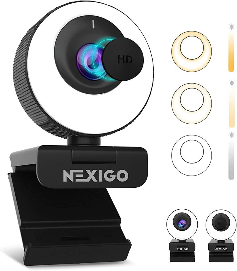 NEXIGO N620E Webcam with Light, 1080P 60FPS AutoFocus, ePTZ 2X Digital Zoom, Plug and Play, [Software Included], FHD Streaming Web Camera, Dual Stereo Mics, for Zoom Skype Teams, PC Mac Laptop Desktop - Image 1