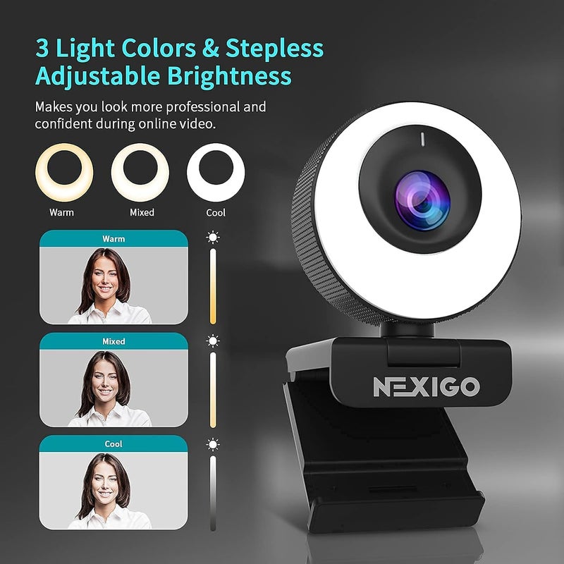 NEXIGO N620E Webcam with Light, 1080P 60FPS AutoFocus, ePTZ 2X Digital Zoom, Plug and Play, [Software Included], FHD Streaming Web Camera, Dual Stereo Mics, for Zoom Skype Teams, PC Mac Laptop Desktop - Image 3