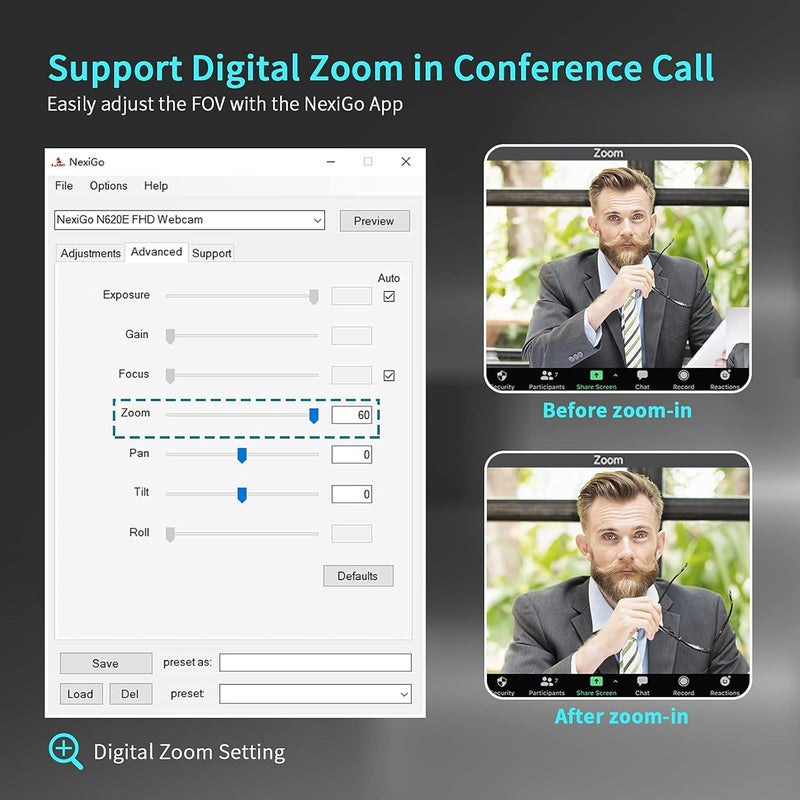 NEXIGO N620E Webcam with Light, 1080P 60FPS AutoFocus, ePTZ 2X Digital Zoom, Plug and Play, [Software Included], FHD Streaming Web Camera, Dual Stereo Mics, for Zoom Skype Teams, PC Mac Laptop Desktop - Image 2