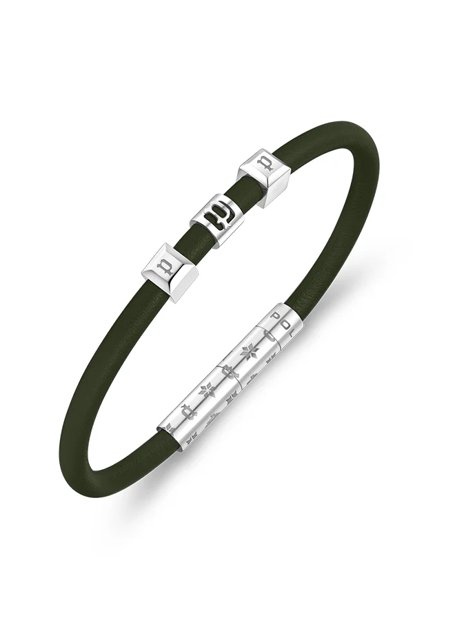 POLICE Flake Dark Green Leather With Stainless Steel Logo Gents BraceletPEAGB0033905