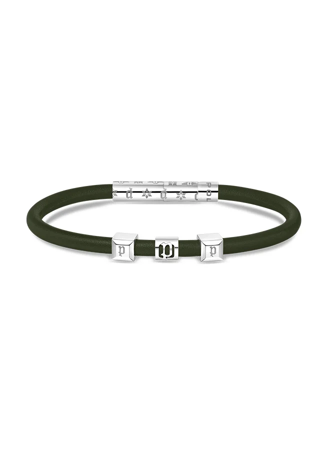 POLICE Flake Dark Green Leather With Stainless Steel Logo Gents BraceletPEAGB0033905