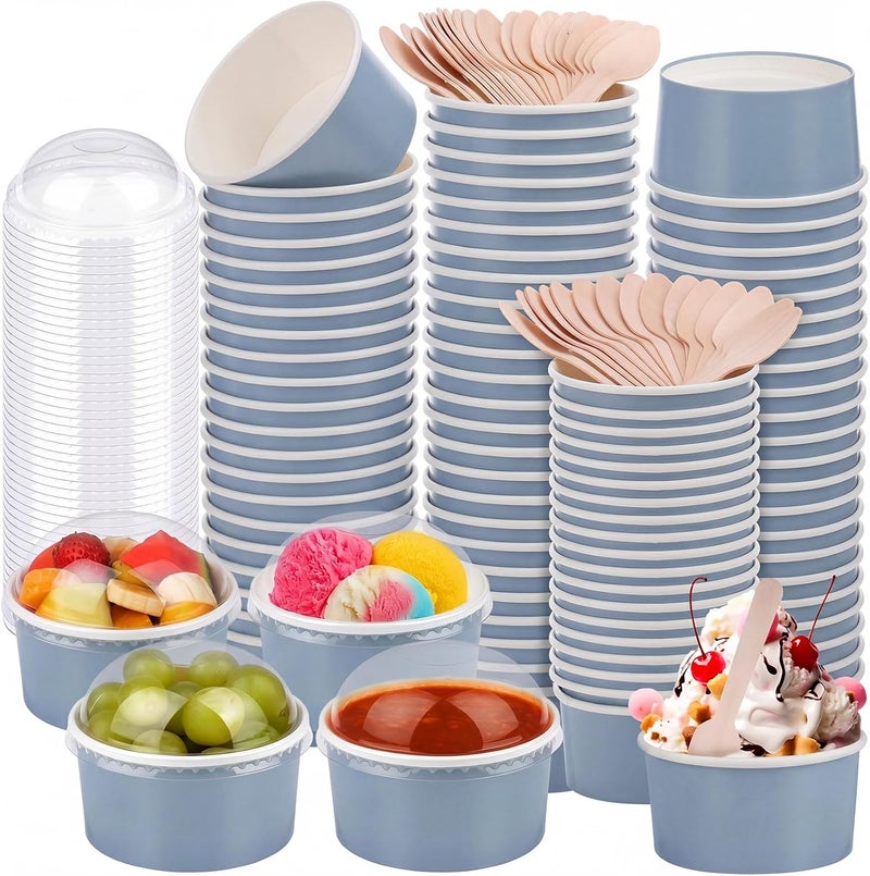 LemonRoad 5 oz 100 Pack Ice Cream Paper Cups with Lids and Spoons Disposable Dessert Cups Ice Cream Bowls Sundae Containers for Snack Yogurt Soup Birthday Party Supplies (Gray Blue) - Image 1