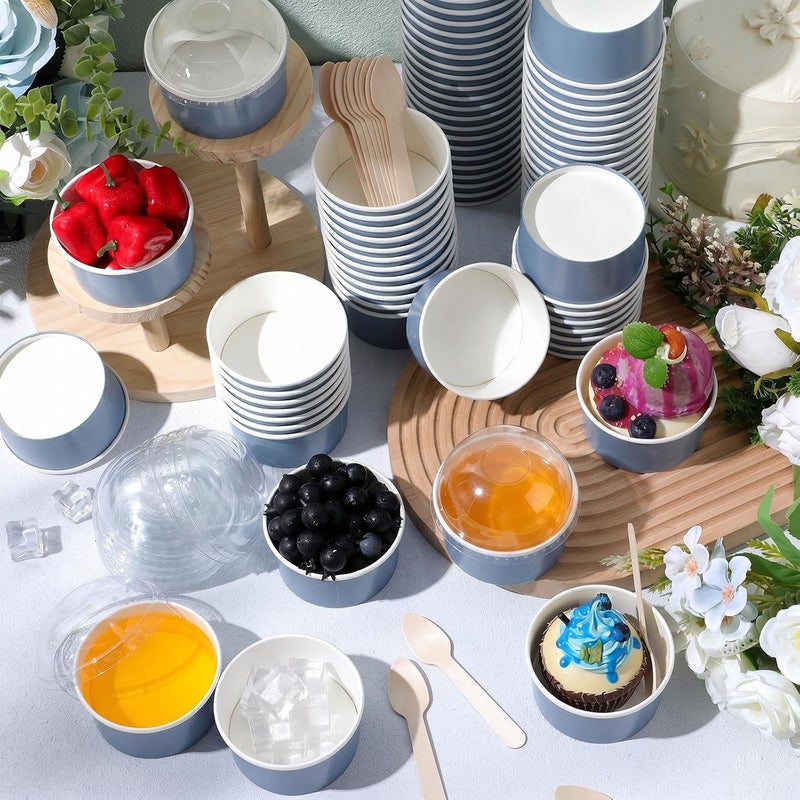 LemonRoad 5 oz 100 Pack Ice Cream Paper Cups with Lids and Spoons Disposable Dessert Cups Ice Cream Bowls Sundae Containers for Snack Yogurt Soup Birthday Party Supplies (Gray Blue) - Image 5