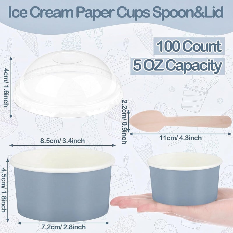 LemonRoad 5 oz 100 Pack Ice Cream Paper Cups with Lids and Spoons Disposable Dessert Cups Ice Cream Bowls Sundae Containers for Snack Yogurt Soup Birthday Party Supplies (Gray Blue) - Image 2