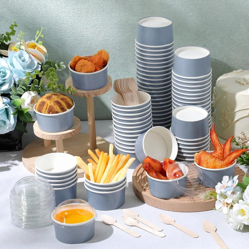 LemonRoad 5 oz 100 Pack Ice Cream Paper Cups with Lids and Spoons Disposable Dessert Cups Ice Cream Bowls Sundae Containers for Snack Yogurt Soup Birthday Party Supplies (Gray Blue) - Image 4
