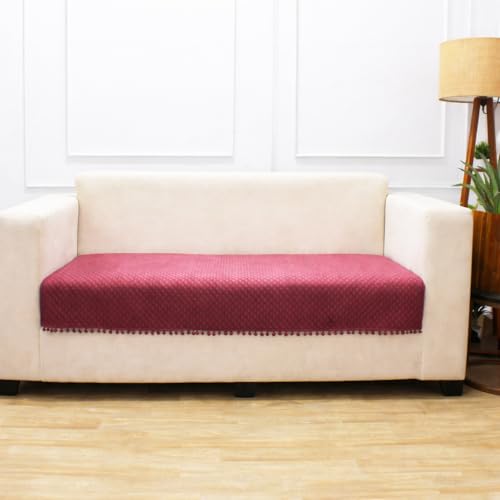 STITCHNEST 4 Seater Quilted Velvet Sofa Cover with Pom Pom | Elegant Peach Sofa Protector for Living Room | Soft, Washable | Perfect for Enhancing Living Room Interiors - Image 2